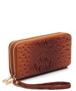 Ostrich Croc Double Zip Around Wallet Wristlet OS0012 TAN